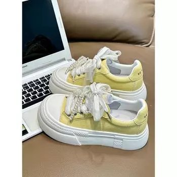 Lace bow lace-up little white shoes women s 2025 new platform pearl string fashionable versatile casual board shoes 35 белый