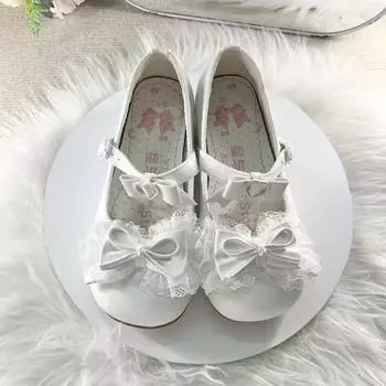 Lace Bow Mary Jane Leather Shoes Round Head Low Heel Small Leather Shoes Princess Shoes 35 белый