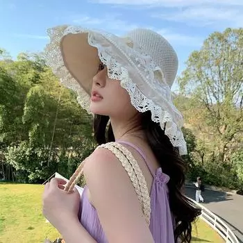 Lace Bow Straw Hat Women s 2025 New Arrival Summer Big Brim Sun-Proof Sun Hat Seaside Beach Vacation Cap Ivory White [Lace Lace]] One size