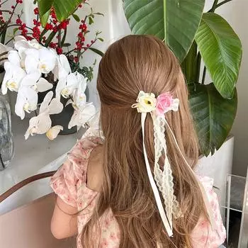 Lace Bowknot Flower Ribbon Bow Hair Clip Korean Style Girls Hair Clip Daily синий