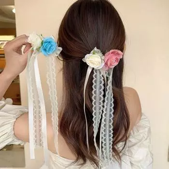 Lace Bowknot Flower Ribbon Bow Hair Clip Korean Style Girls Hair Clip Holiday синий