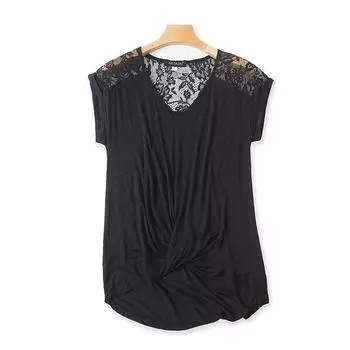 Lace Crocheted Split Layer Ruched T-shirt Summer New Arrival Batwing Shirt Female Bottoming Loose Foreign Order Tops D/8-3 Black XS