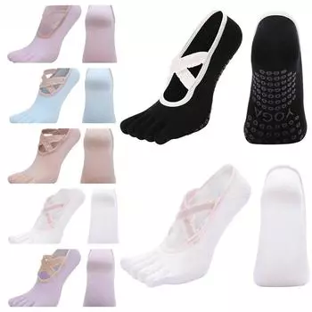 Носки для йоги с кружевными перекрещивающимися ремешками и пятью пальцами, женские носки с раздвоенным носком для профессионального пилатеса, носки для танцев в помещении, фитнеса и спорта бежевый