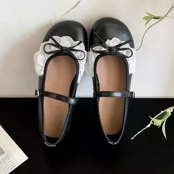 Lace cute Mary Jane shoes flat bottom shallow mouth single shoes with skirt bow casual shoes 35