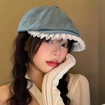 Lace denim beret women s spring and summer retro face small versatile big head circumference forward hat M (56-58cm) Folded Lace Edge Denim Forward светло-синий