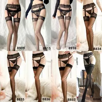 Lace Garter Stockings: Black & White Crotchless Thigh High Lingerie One Size