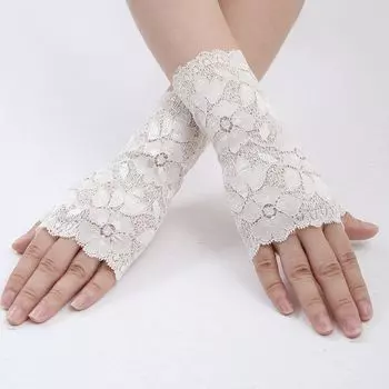 Lace Gloves Summer Women Elastic Short Half Fingerless Exposed Half Finger Ice Silk Scar Covering Arm Wrist Retro Sexy Creamy-white 16cm All yards