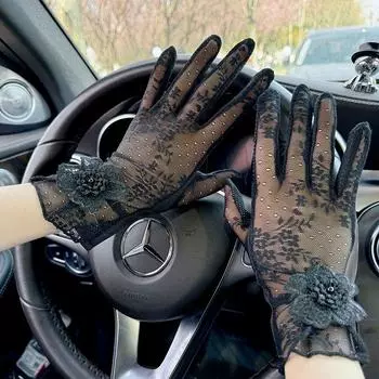 Lace Gloves Women s Summer Sun Protection Thin Breathable Non Slip Elastic Cute K-style Touch Screen Riding Tram Driving Gloves Black All yards