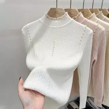 Lace High-neck Base Shirt Autumn and Winter Pearl Chic Top Women s Sweater Small-sized Knitted Shirt for Inner Wear Long-sleeved S