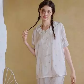 Lace Lapel Striped Bear Ice Silk Women s Home Wear Pajamas Imitation Silk Short-sleeved Suit Girly Style M белый