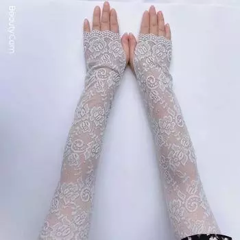 Lace Long Elastic Half Finger Lace Gloves Riding Driving Non-Slip UV Protection Open Finger Sun Protection Gloves Light gray All yards