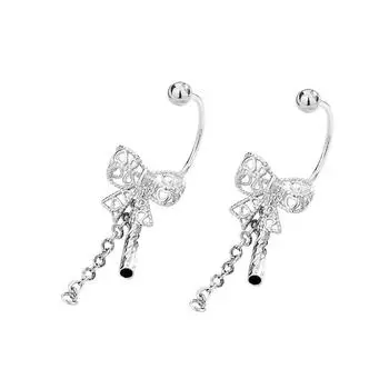 Lace Love Bow Screw Earrings Literary Temperament Fringed Hook Earrings Cut Cylindrical Chain Earrings Copper (One Pair Price)