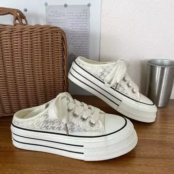 Lace Mesh Women s Canvas Shoes New Thick Bottom Increased Two Wear Summer Thin Niche Breathable Easy Wear Borad Shoe 35 бежевый