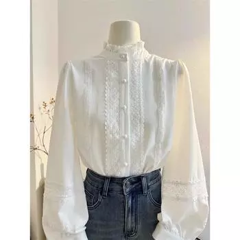 Lace Patchwork White Mushroom Stand Collar Women Lantern Long Sleeved Top S
