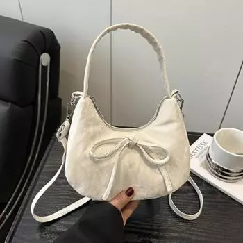 Lace Pearl Pendant PU Hobo Bag Solid Color French Style Handbag Ins Bow Shoulder Bag Outdoor White