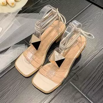 Lace sandals new summer chunky transparent rivets fashion square head Roman women s shoes 35 абрикосовый