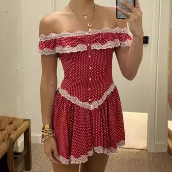 Lace Spliced One-Shoulder Slim A-Line Dress - 2024 Summer Women s French Style S