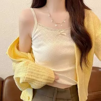 Lace splicing bottoming camisole women s 2024 spring new suit with bow sexy slim top S