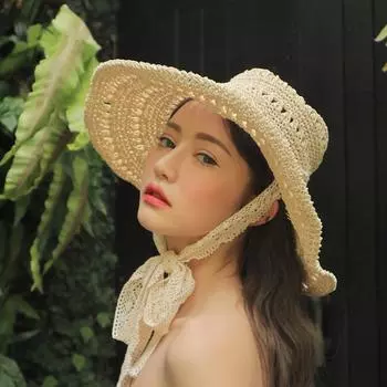 Lace streamer crochet straw hat women s summer travel sun protection sun hat foldable seaside vacation handmade hat tide M56-58cm бежевый