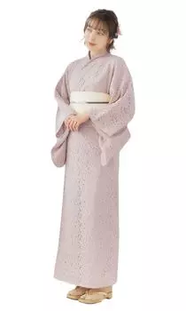 Lace Summer Kimono Yukata 2 Piece Set Heiko Dull Pink White Off White Cream Elegant Beautiful Adult Yukata Set [NISHIORI] (Yukata/Wrinkle Obi) (PINK) розовый