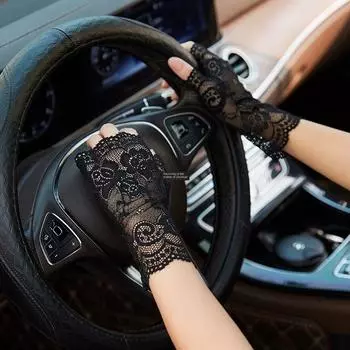 Lace Sun Protection Gloves Summer Mid-Length Short Women Elastic Ice Silk Thin Half Finger Gloves Driving Scar Covering Open Finger Black One size
