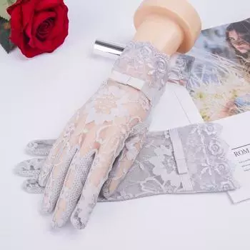Lace Sun Protection Gloves Women Spring and Autumn Breathable Thin Non-Slip Driving Riding Summer Lace Short Ice Silk Touch Screen Gloves Lace single butterfly [Gray]] One size