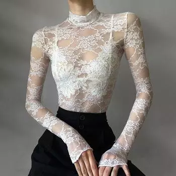Lace T-shirt Vintage Y2K Full Sleeve Transparent Crop Top White S