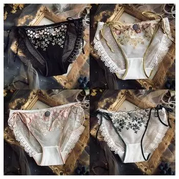 Lace Tied Up Women s Mid Waist Mesh Flower Briefs Lace Floral Bow Embroidery Panties Female L