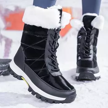 Lace-up anti-splashing snow boots women s velvet thick-soled warm winter shoes non-slip high-top Northeast large cotton shoes large-size women s shoes 36 белый