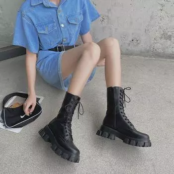 Lace Up Boots Shoes Round Toe Boots-women Summer Booties Flat Heel 2020 Rock Lolita Fashion Ladies 2020 New 35 чёрный