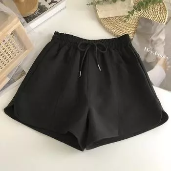 Lace-up Double Pocket Casual Three-point Sports Pants for Women In Spring and Summer Versatile Wide-leg Shorts S