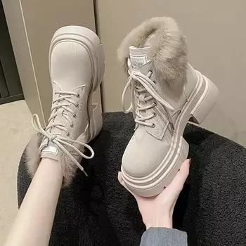 Lace-up Elegant With Medium Heels Round Toe Laces Ladies Shoes Fashion Spring 2024 39 Large Size Warm on Slip Women s Snow Boots 35