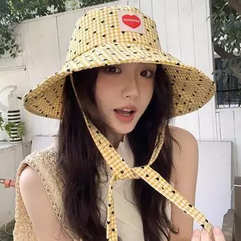 Lace Up Hiking Fisherman Hat Small Lattice Plaid Hiking Cap Heart Printed Bucket Hat Summer