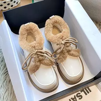 Lace Up Lamb fur leather shoes woman black/white mixed color cotton loafers women winter furry padded oxford shoes big size 43 4.5 бежевый