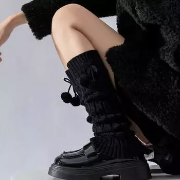 Lace Up Leg Warmer Women Plush Balls Knitted Leg Covers All Match Balletcore Stockings JK Style 4 White