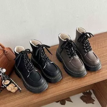 Lace-up Martin boots women s 2024 autumn and winter velvet warm British style boots thick-soled heightening short boots 35 серо-коричневый