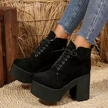 Lace-up Martin boots women s 2024 autumn and winter new foreign trade large size retro short boots suede thick heel round ankle boots batch 36 чёрный