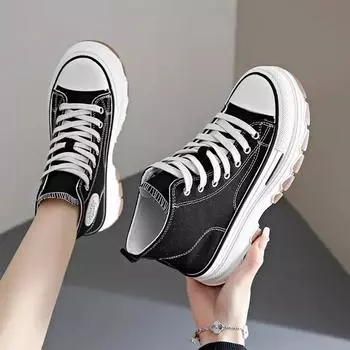 Lace-up Mixed Colors Fashionable Canvas Shoes Sewing Mid Heel Women s Shoes on Sale 2024 New Autumn Women s Vulcanize Shoes 37