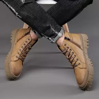Lace-Up Non-Slip High Top Shoes Man Motorcycle Boots Male Warm Plush Fur Winter Boots Classic Genuine Leather Men Ankle Boots 38