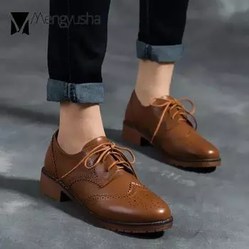 Lace Up oxford shoes for women winter plush flats loafers thick heels bullock carved patterns small leather shoes woman 35-41 5