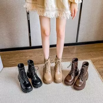 Ботинки из кожи на платформе со шнуровкой, женские зимние ботинки на толстом высоком каблуке, теплые меховые плюшевые зимние ботинки 35