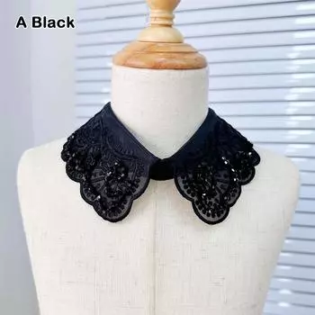 Lace Up Shawl Fake Collar Imitation Pearl Shirt Collar Accessory Women A Black