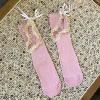 Lace-up Sweet Socks Women Hollow Out Lolita Ruffle Socks Soft Ballet Bowknot Socks Women жёлтый/розовый