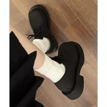 Lace-up thick heel British style platform black small leather shoes women s 2025 new summer retro versatile round head derby shoes 35 чёрный