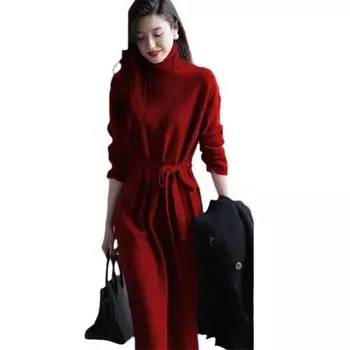 Длинное платье-водолазка со шнуровкой, новая корейская женская одежда, французское простое и универсальное ретро-платье на осень и зиму M красный