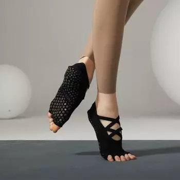 Lace-up Yoga Socks Finger Division Open Toe Non-Slip Socks Pilates Socks Five-Finger Socks Sports Socks Women Professional Fitness Dance Multi-band Black