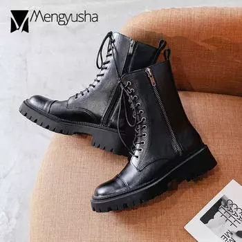 Lace-Up&Zipper Motorcycle Boots Women Mid-Calf High Top Botas 2024 Platform Heels Shoes Ladies Autumn Winter Punk Riding Botines 4.5 чёрный