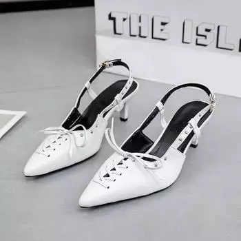 Lace with Bow-tied Skinny Heel Overhead Sandals Female Summer New Temperament Pointy Head After Empty Fashion High Heels 35