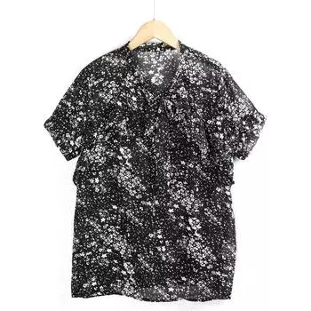 Lacing Chiffon Lace Fresh Sweet Short Sleeve Shirt Black Floral One size