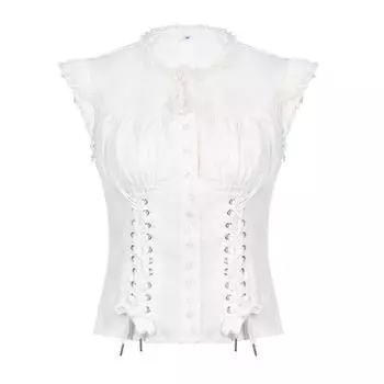 Lacing Lace-up Crope Shirt Top French Style White Blouse Women Ruffle Sleeveless Shirts Summer M